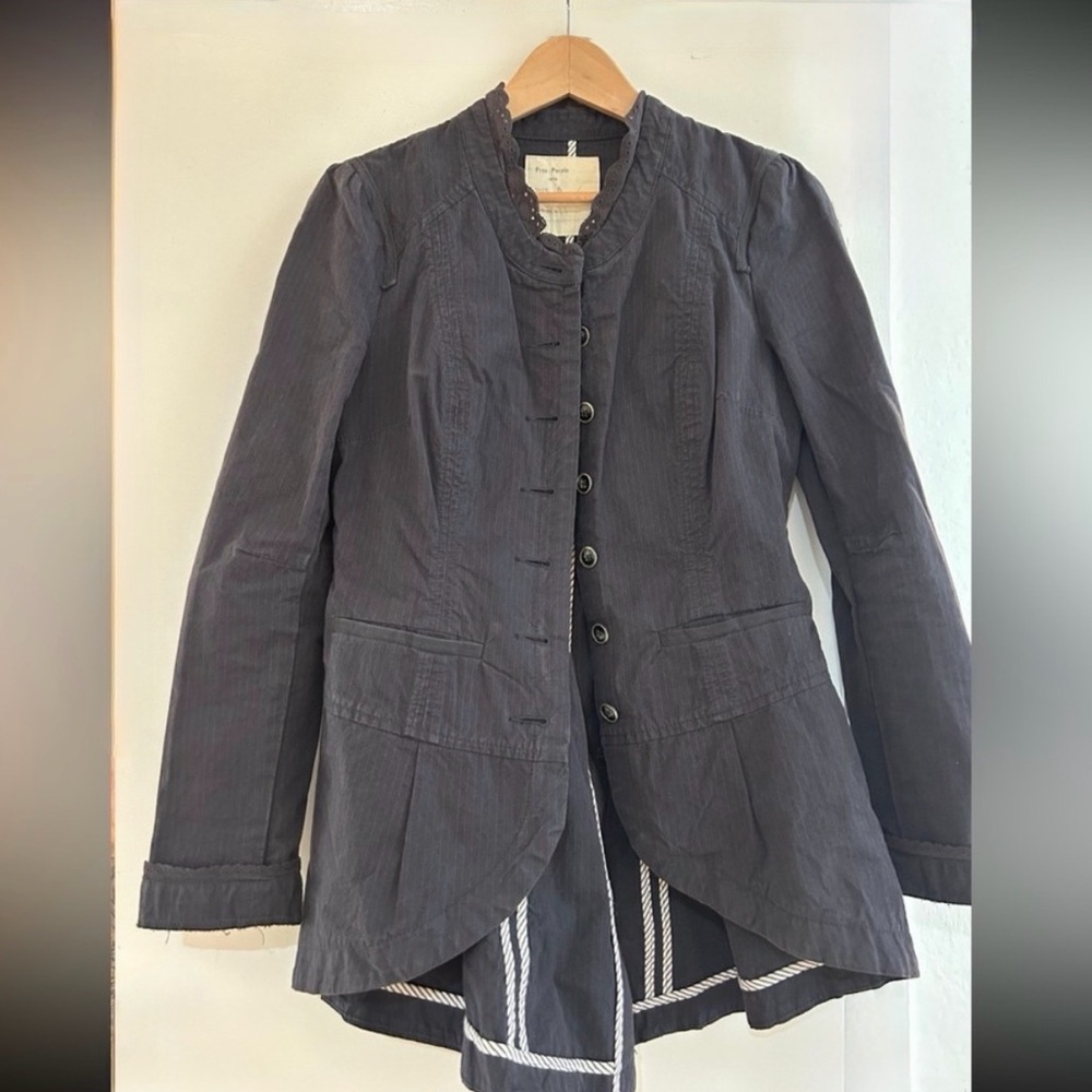 Rare FREE PEOPLE Coat Steampunk Retro Jacket Vintage Gray Cotton Size 6